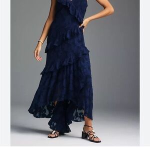 Gorgeous BHLDN navy blue ruffle maxi dress mixed straps Anthropologie Claudia